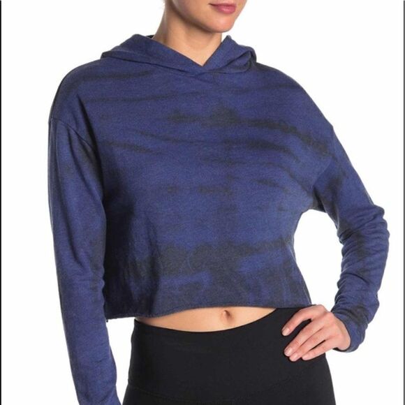 Zella Blue Cropped Mosey Tie-dye Knit Hoodie Size M New - Picture 1 of 7